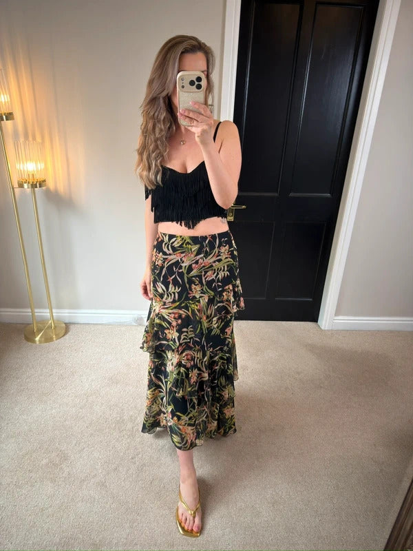 M&S Black Floral Tiered Maxi Skirt 10