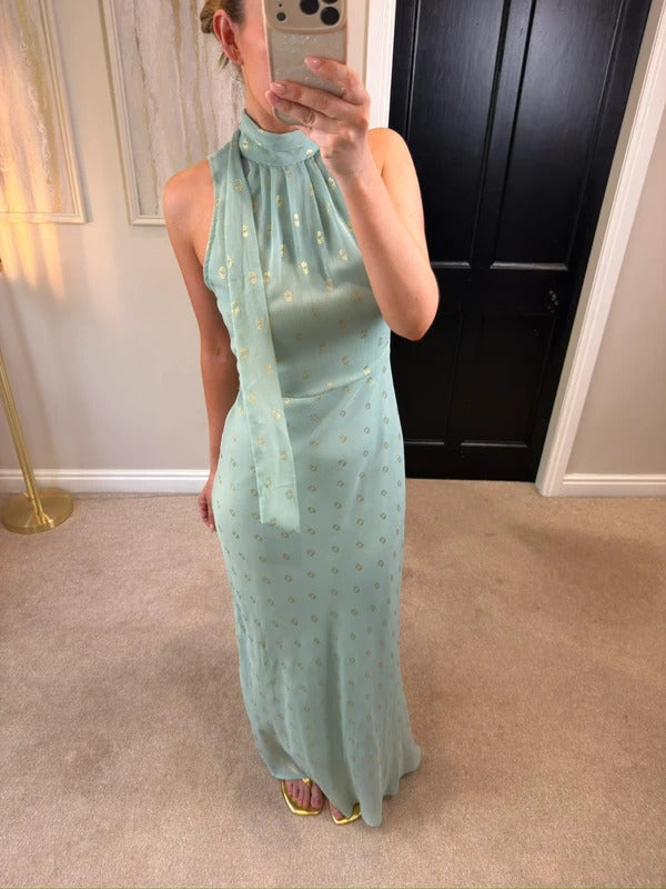 BNWT Jodie Moi Mint Green & Gold Tie Neck Maxi 10