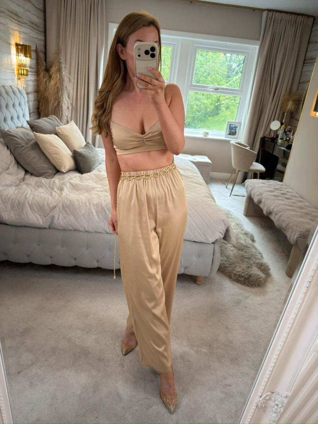 Oh Polly Beige / Gold Satin Trouser Co Ord XS
