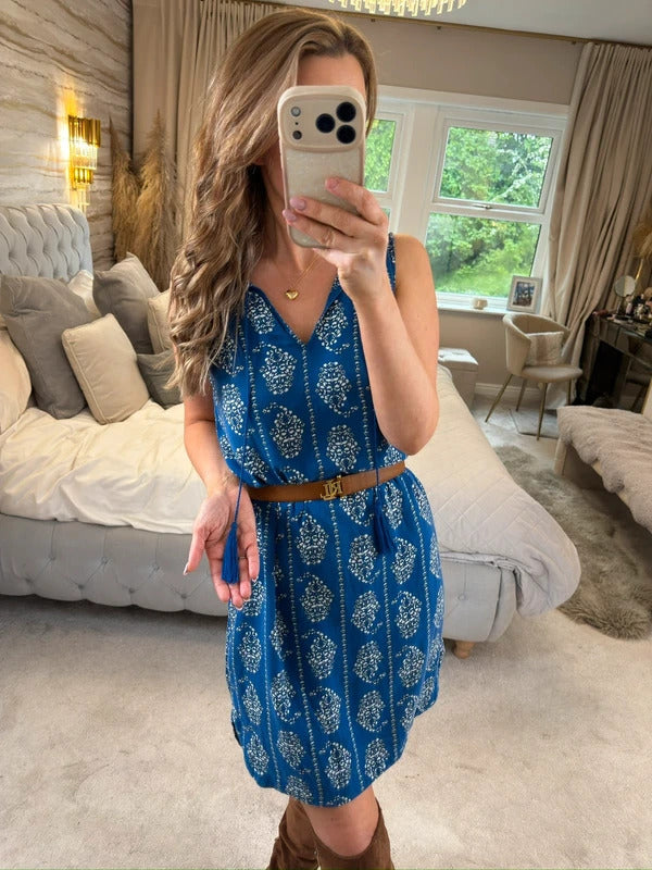 Beach Lunch Lounge Blue Tassel Boho Mini Dress XS