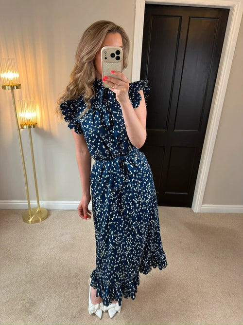 Anne Louise Boutique Navy & White Heart Frill Midi Dress 10