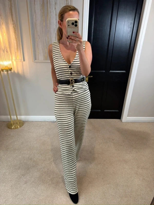 Mango Black & Cream Stripe Crochet Knitted Co Ord Set M/L