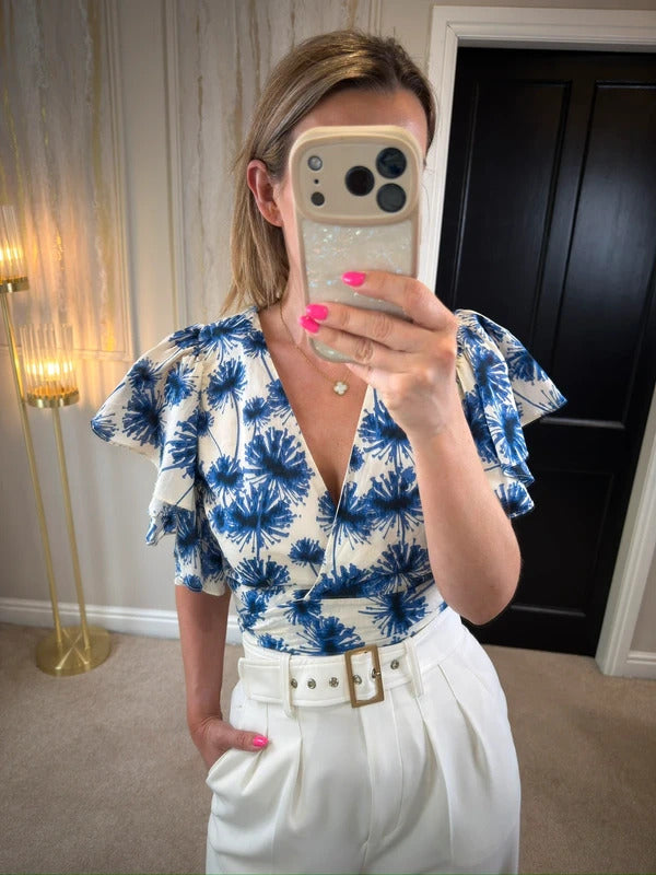 Zara Blue & White Frill Wrap Blouse Small