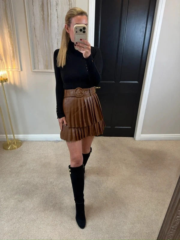 Zara Brown PU Leather Pleated Belted Skirt Small