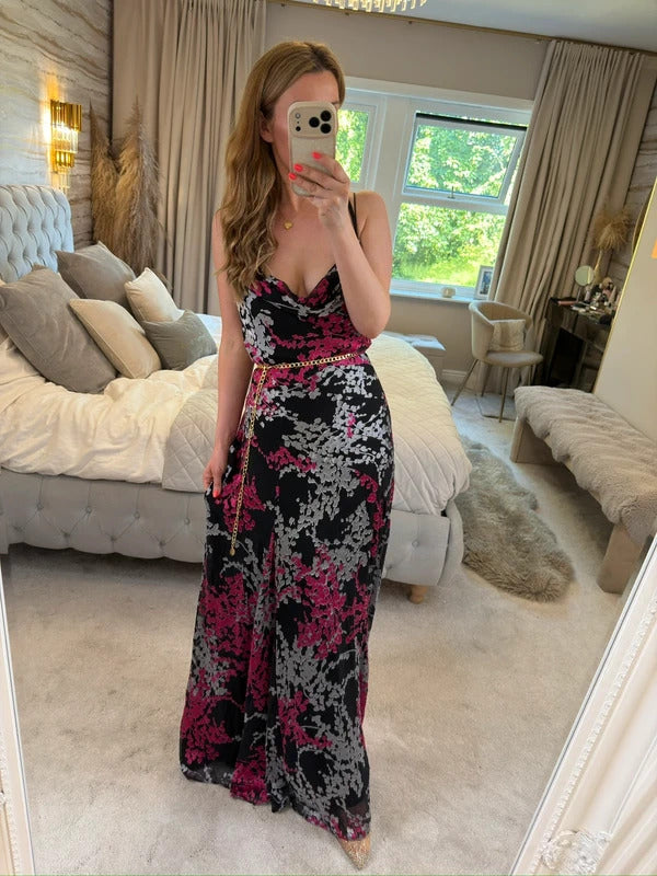 Monsoon Vintage 90s Black Floral Cowl Maxi Dress 14