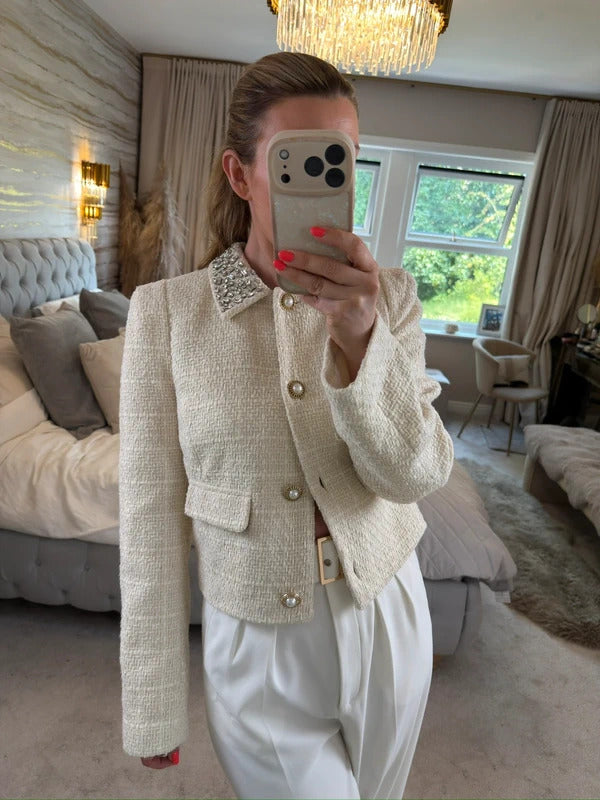 BNWT River Island Cream Embellished Tweed Blazer 12