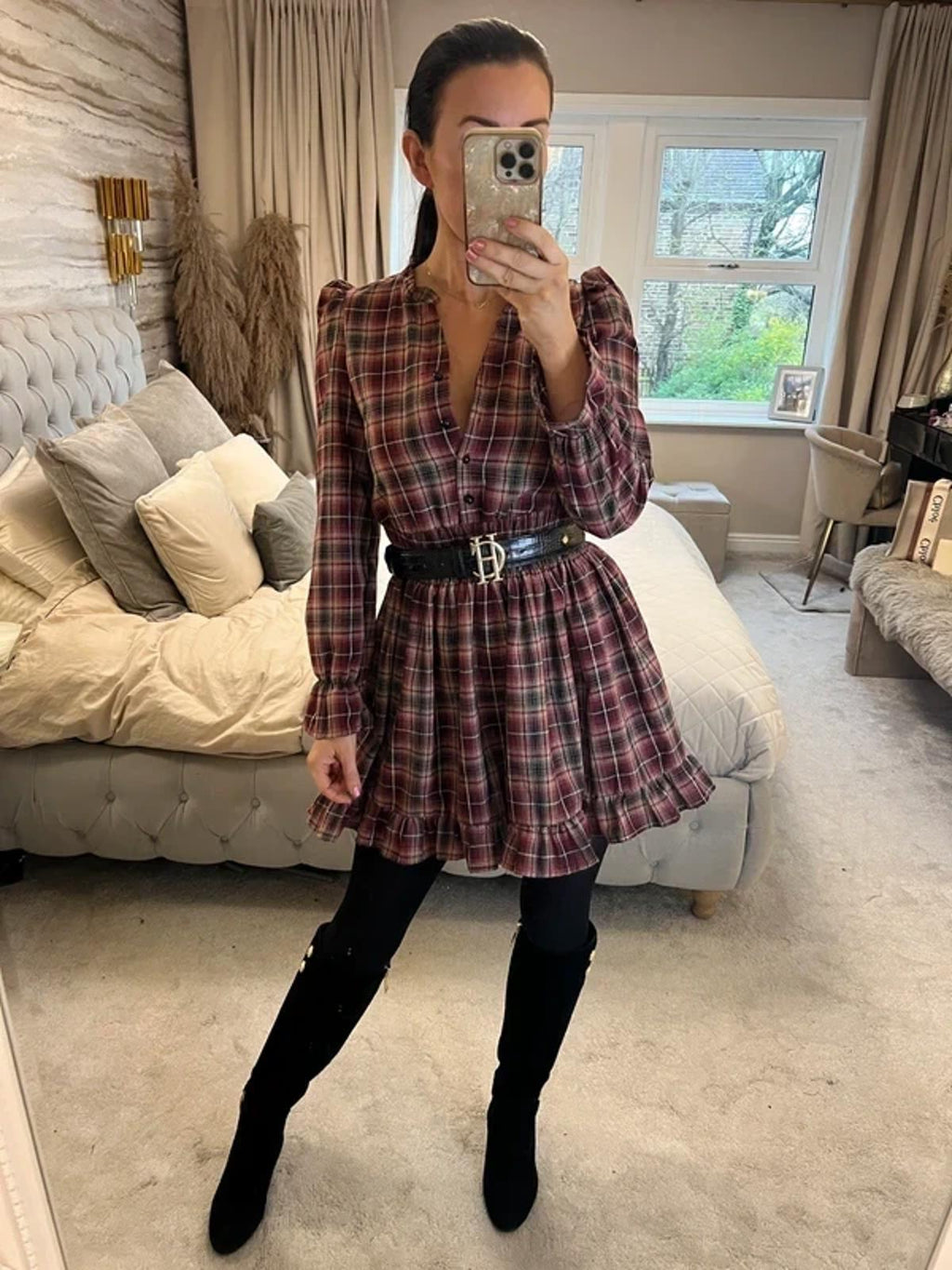 PrettyLittleThing Burgundy Tartan Mini Dress 4/6