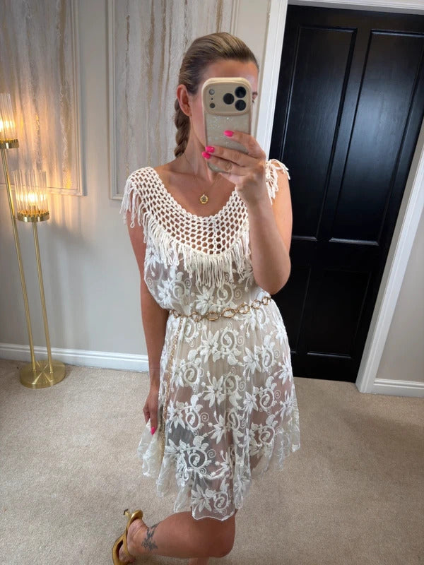 Boutique Ivory Sheer Lace Fringe Mini Dress One Size