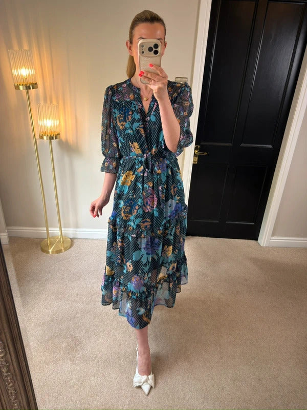 Next Navy Floral Tiered Frill Midi Dress 12