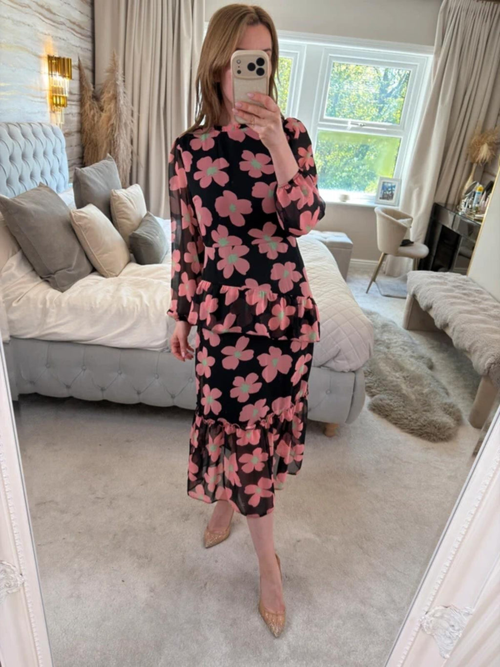 Miss Selfridge Black Floral Frill Tiered Midi Dress 10/12