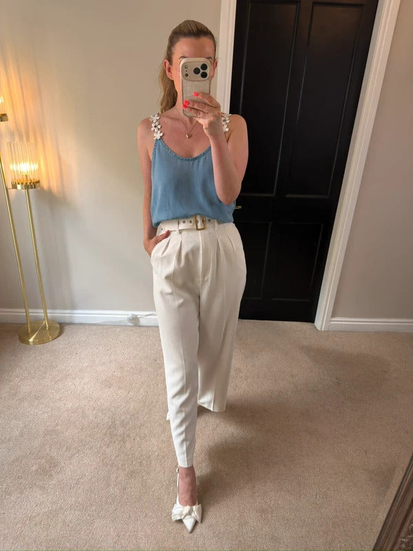 Boutique Light Denim Flower Blouse One Size