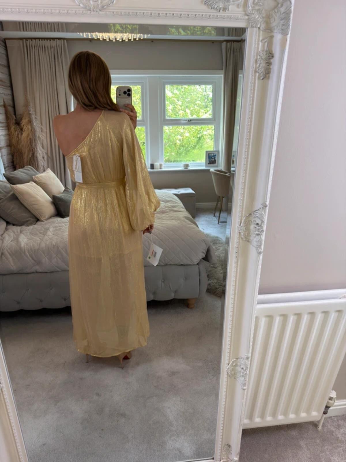 BNWT Sundress Gold Metallic One Shoulder Belted Dress Small