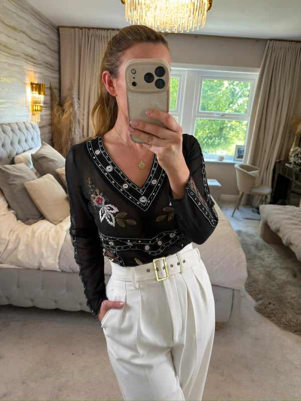 River Island Sheer Embroidered Blouse Small