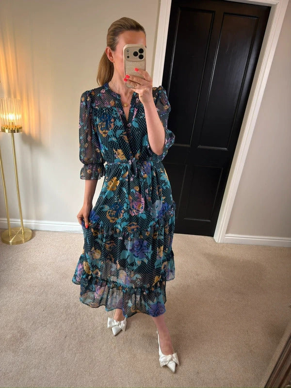Next Navy Floral Tiered Frill Midi Dress 12