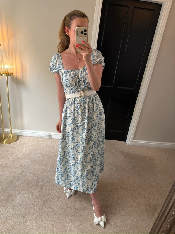 H&M White & Blue Floral Midi Dress Small