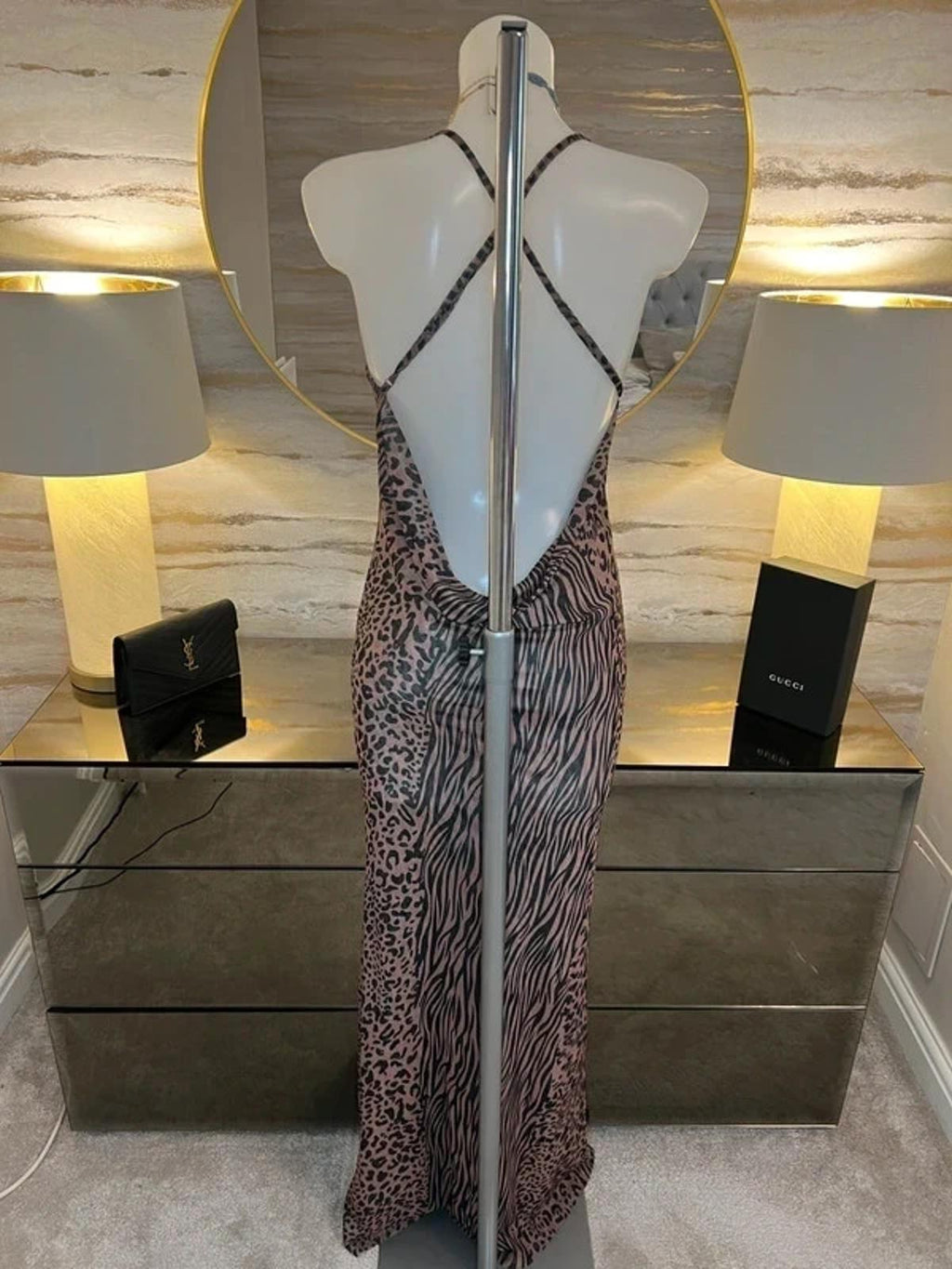 Sorelle Low Back Animal Print Maxi Dress XS