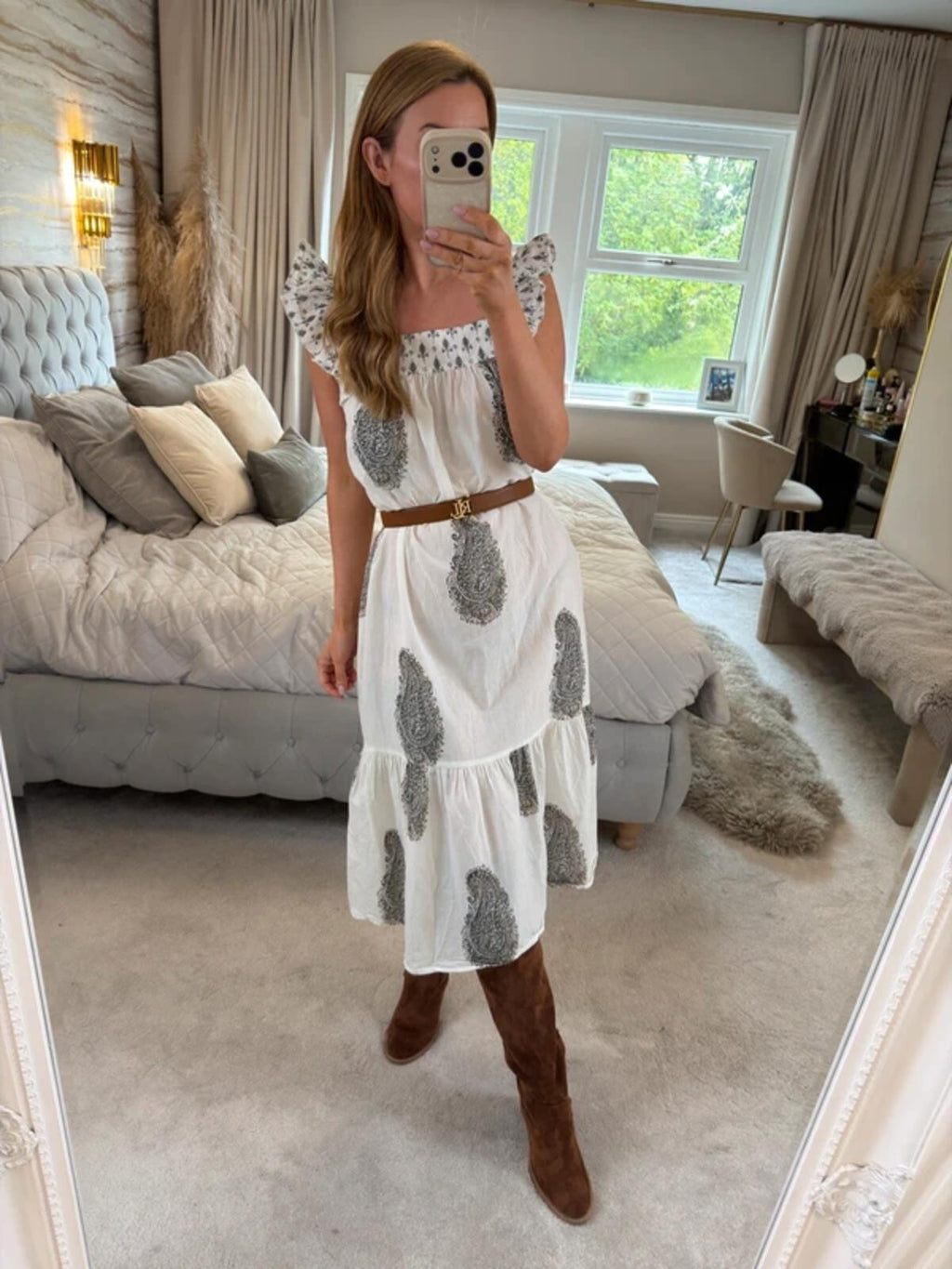 F&F White Paisley Frill Midi Dress 8/10