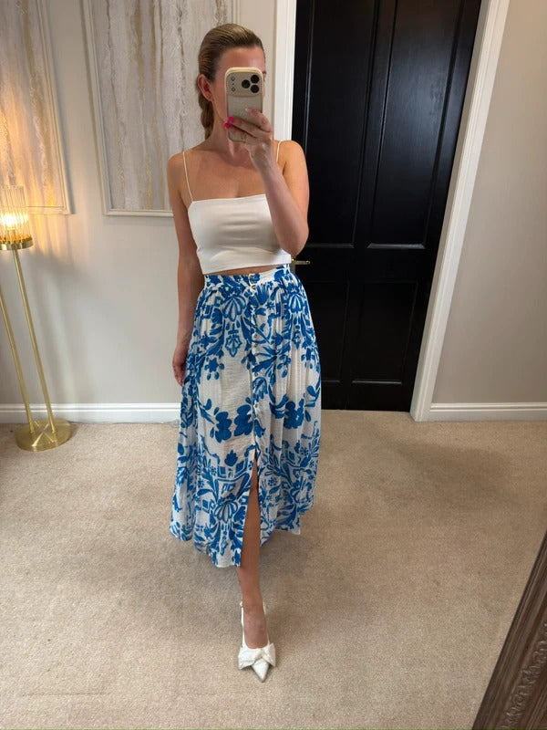 H&M Blue & White Floral Midi Skirt XS
