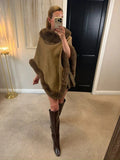 Boutique Brown Tweed Wool Blend Faux Fur Poncho One Size