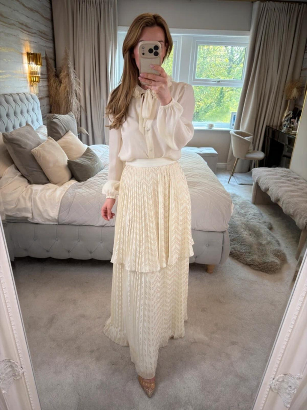 Cream & Gold Pleated Tiered Maxi Skirt XS