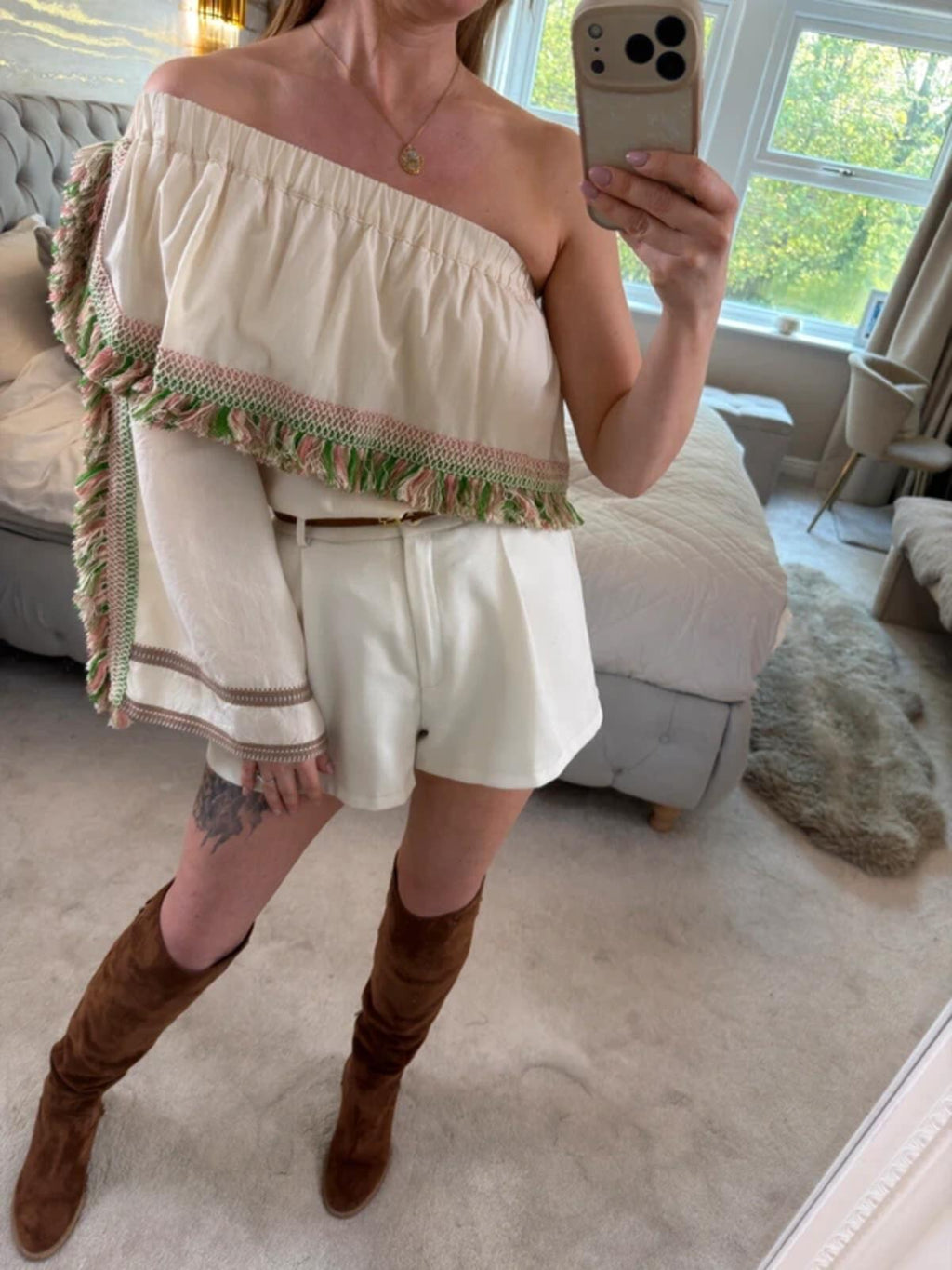 Celia Dragouni Cream Boho Tassel Blouse