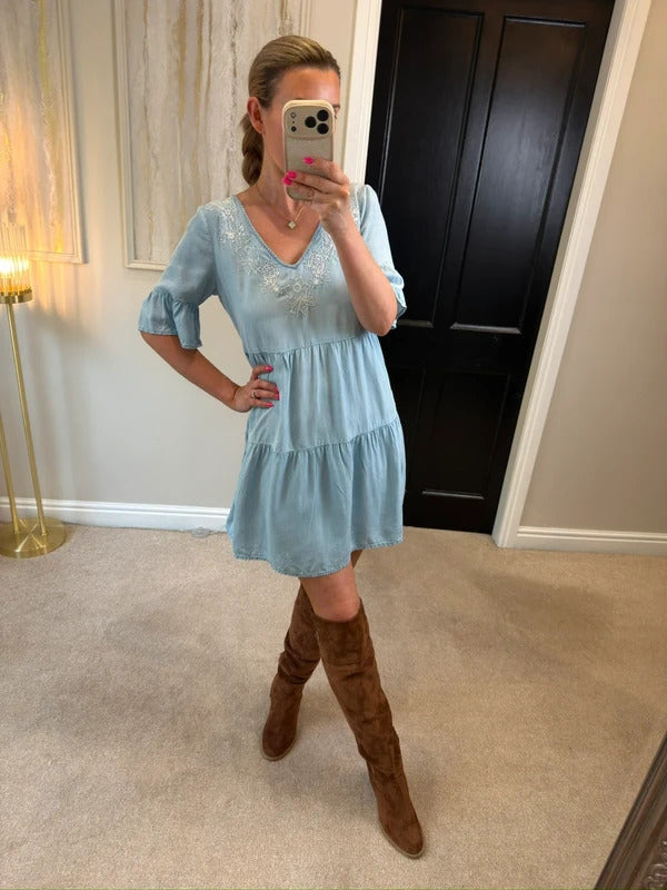 Accessorize XS Light Denim Embroidered Boho Mini Dress XS