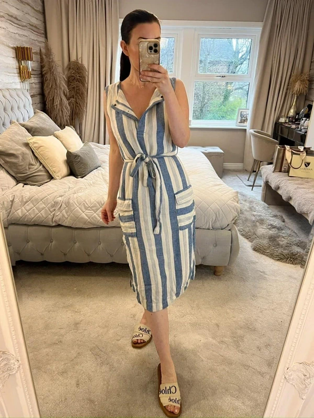 Cream & Blue Stripe Belted Midi Dress 12