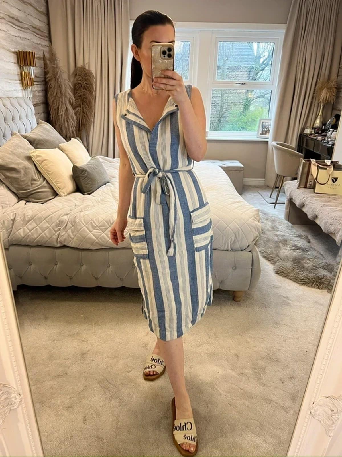 Cream & Blue Stripe Belted Midi Dress 12