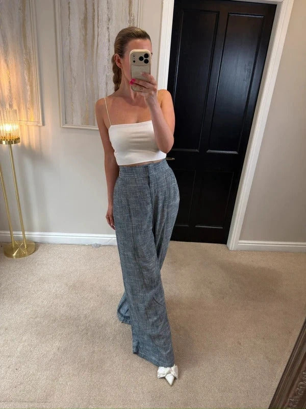 BNWT Zara Blue Linen Blend Wide Leg Trousers Size Medium