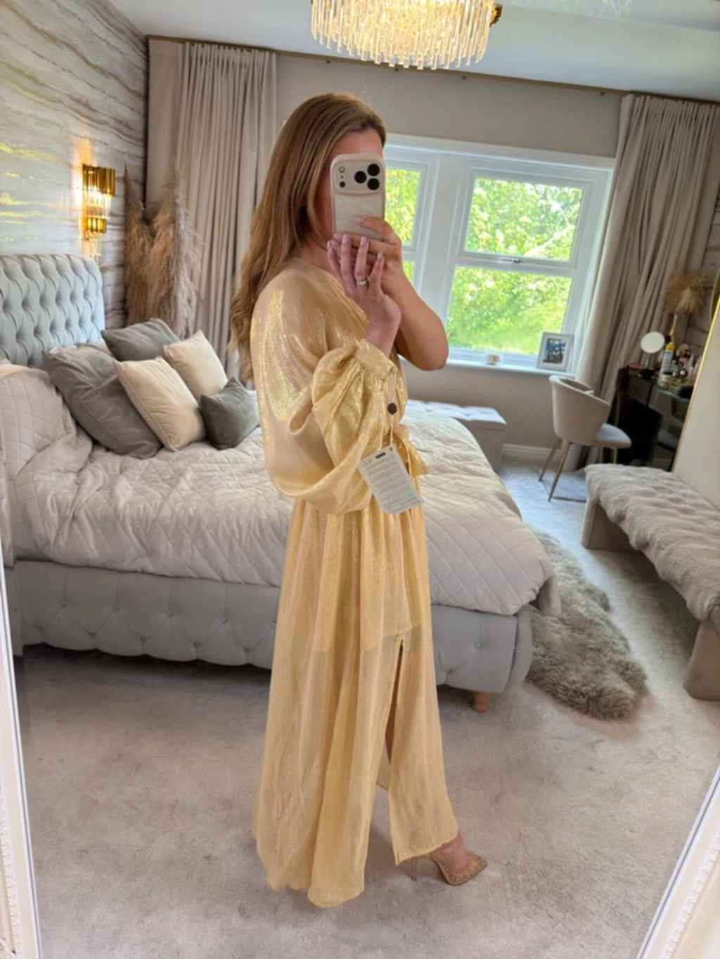 BNWT Sundress Gold Metallic One Shoulder Belted Dress Small