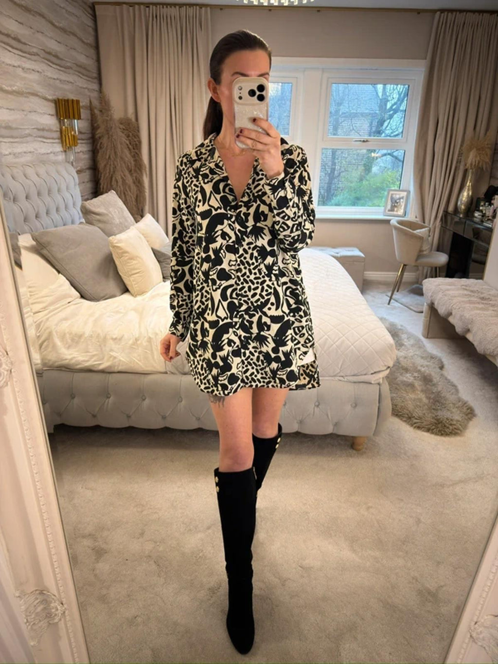 Monki Cream & Black Oversized Shirt XS