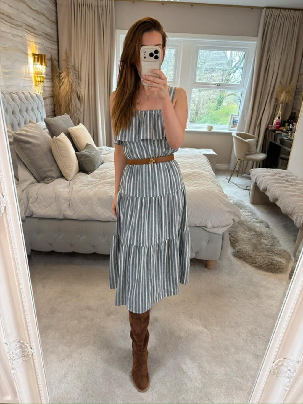 Michael Kors Stripe Tiered Linen Mix Midi Dress XS