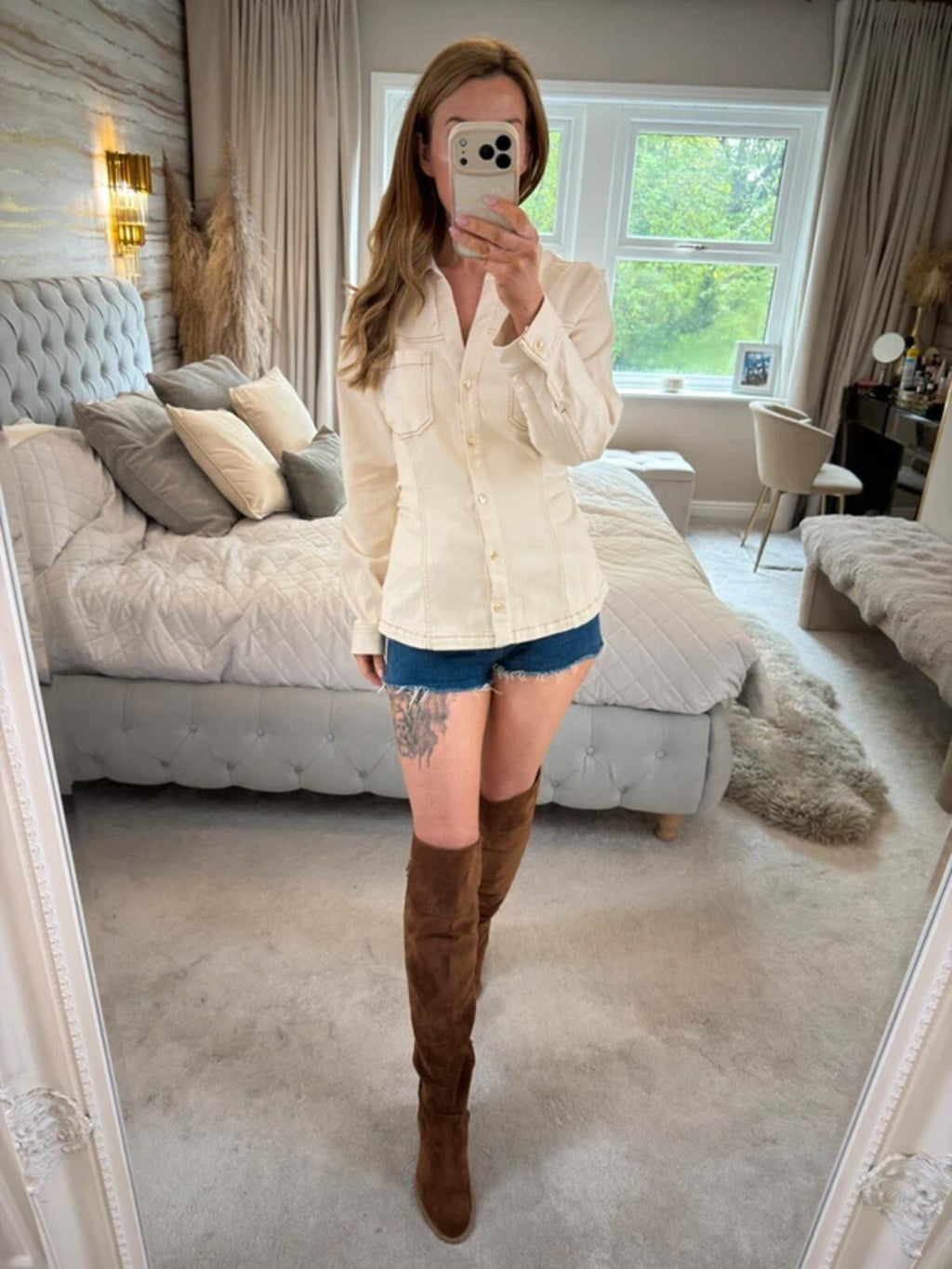 Zara Cream Denim Fitted Shirt Large