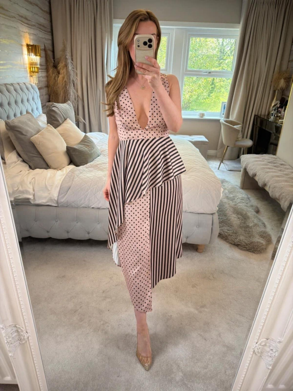 ASOS Pink & Black Spotty & Stripe Open Back Plunge Midi Dress 10