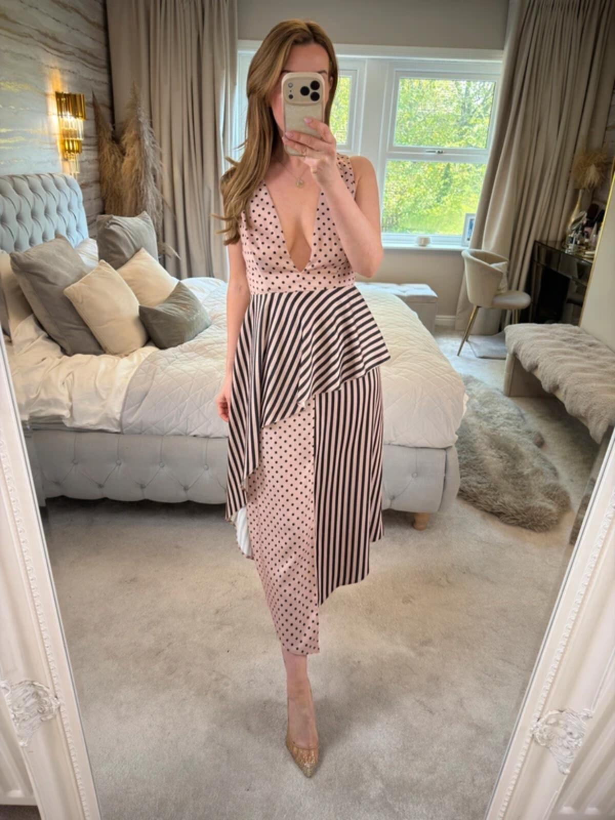 ASOS Pink & Black Spotty & Stripe Open Back Plunge Midi Dress 10