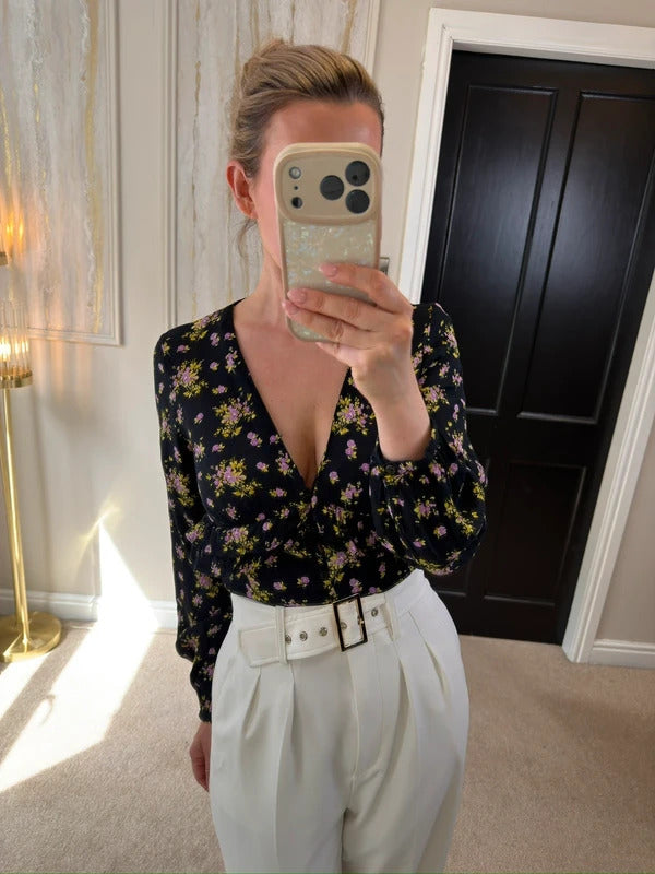 Zara Black Floral Print Frill Blouse XS