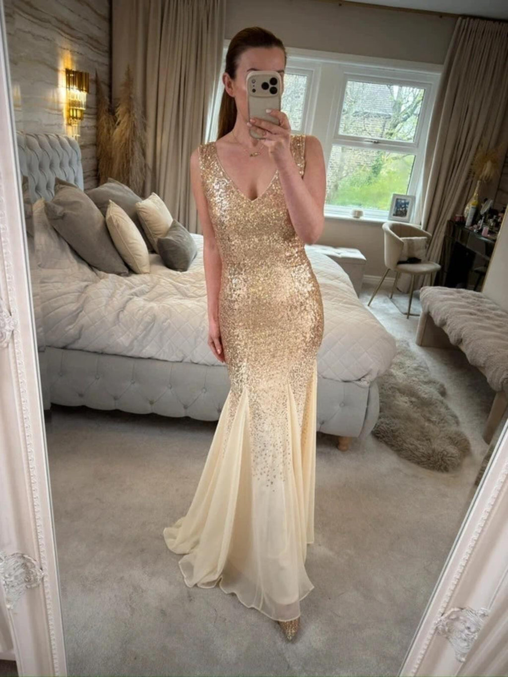 BNWT Goddiva Gold Sequin Evening Dress 6/8