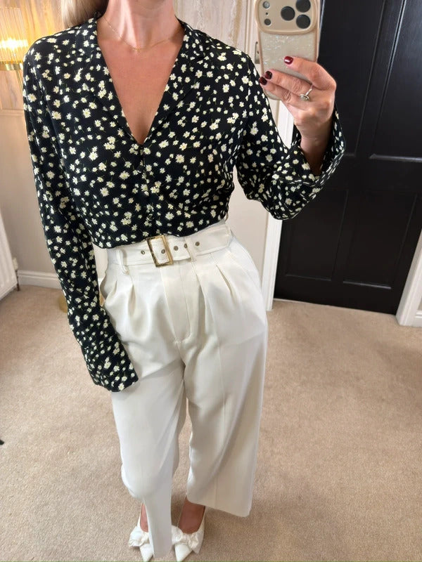 M&S Black Daisy Button Front Blouse 8