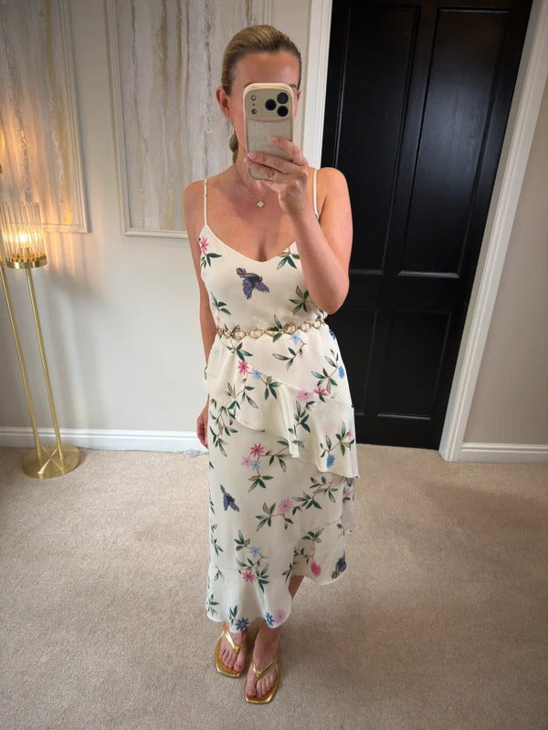 M&S White Floral & Bird Layered Midi Slip Dress 10