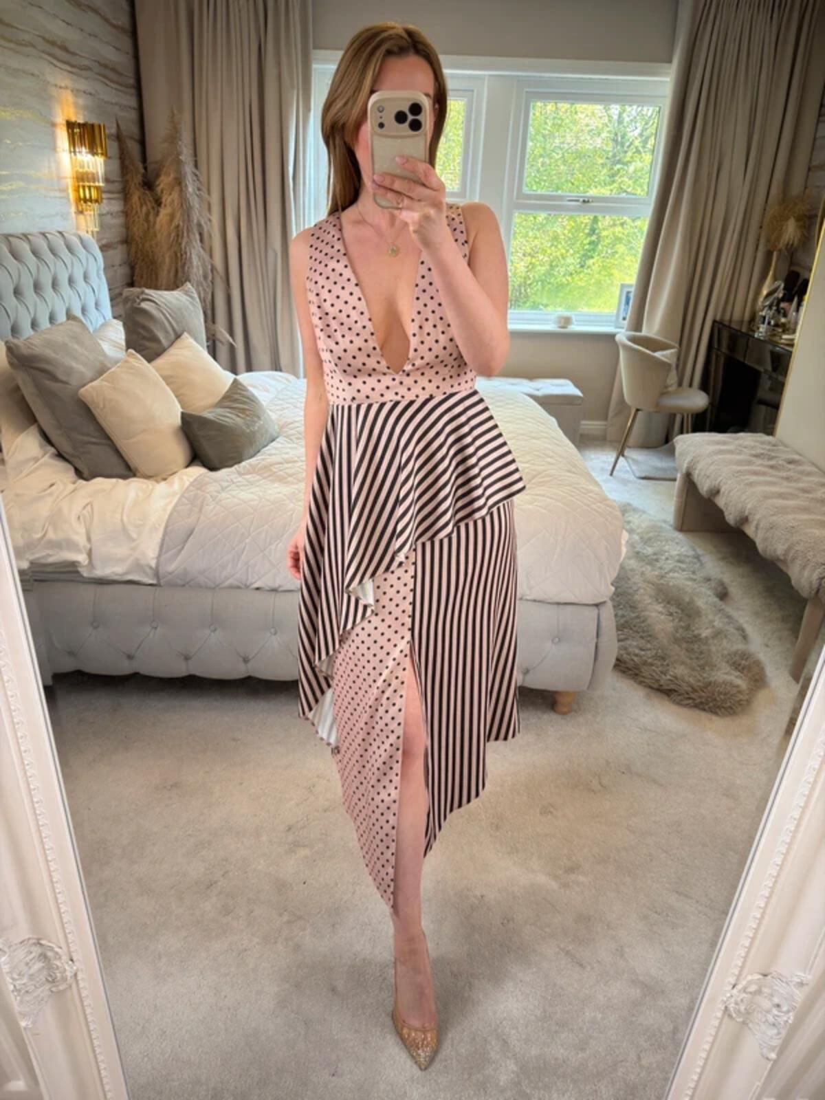 ASOS Pink & Black Spotty & Stripe Open Back Plunge Midi Dress 10