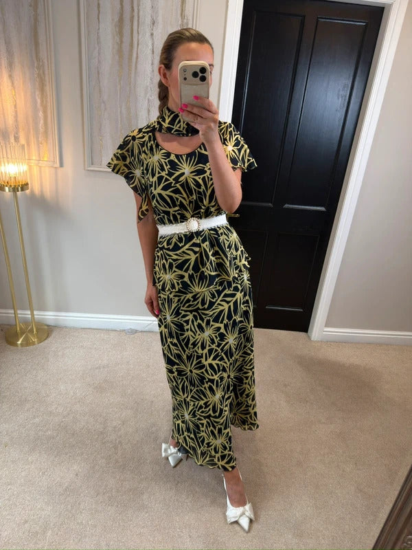 Vintage Roman Black & Butter Yellow Floral Frill Dress