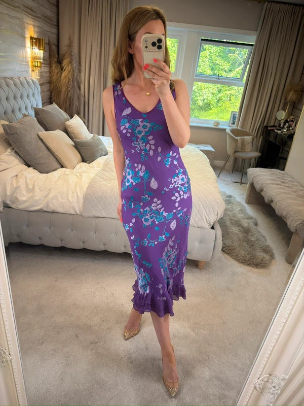Vintage Monsoon Purple Floral Silk Devore Midi Dress 10/12