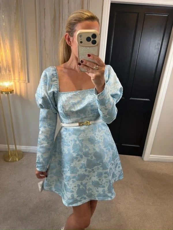 BNWT Miss Selfridge Blue Metallic Jacquard Floral Milkmaid Dress Small