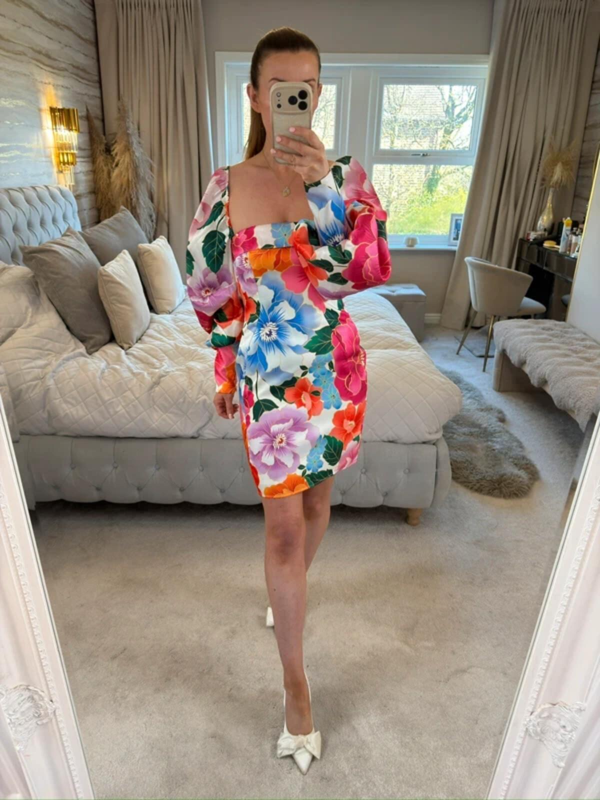 ASOS Luxe Multicoloured Floral Open Back Puff Sleeve Dress 8