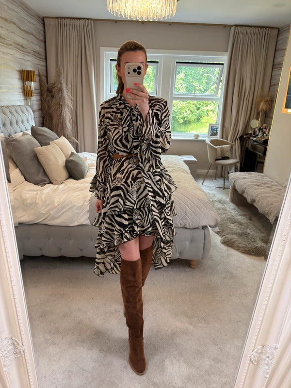 ARRI Black & Cream Sheer Dip Hem Frill Animal Print Dress 10