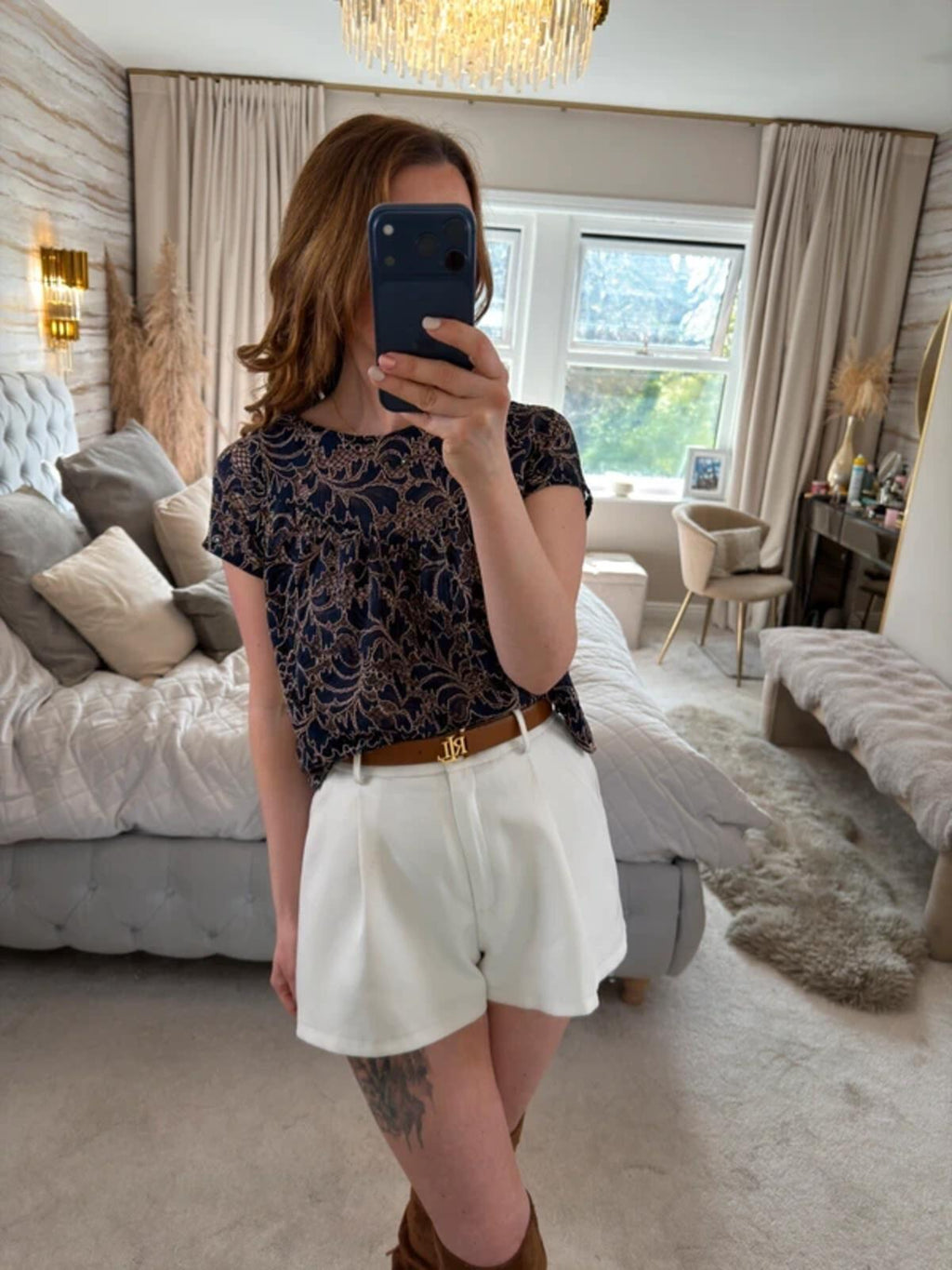Zara Navy Semi Sheer Lace Blouse Small