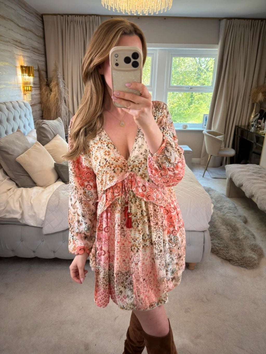 Zara Cream & Pink Boho Mini Dress Small