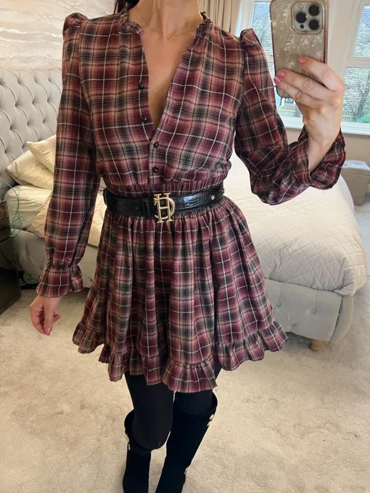 PrettyLittleThing Burgundy Tartan Mini Dress 4/6