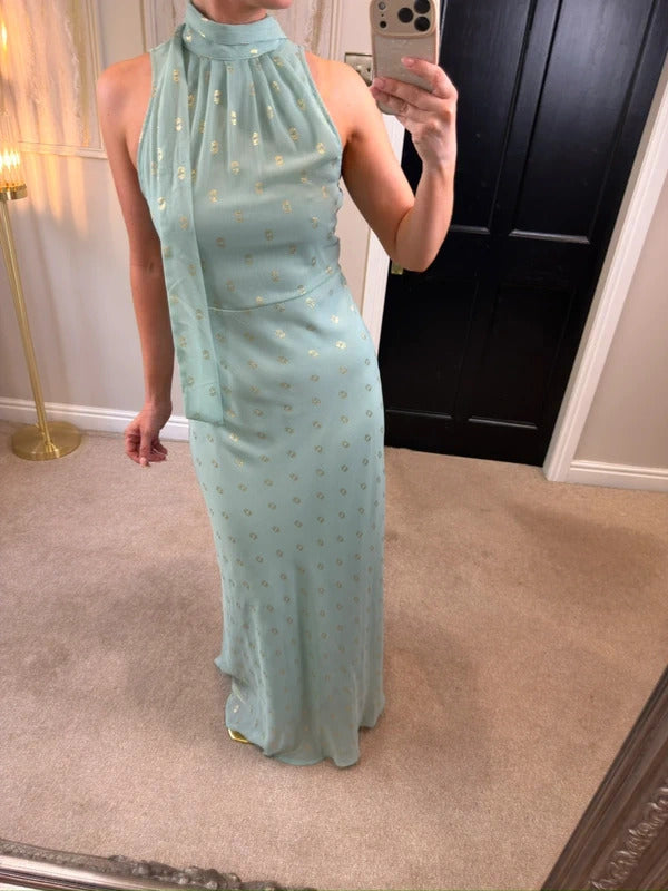 BNWT Jodie Moi Mint Green & Gold Tie Neck Maxi 10