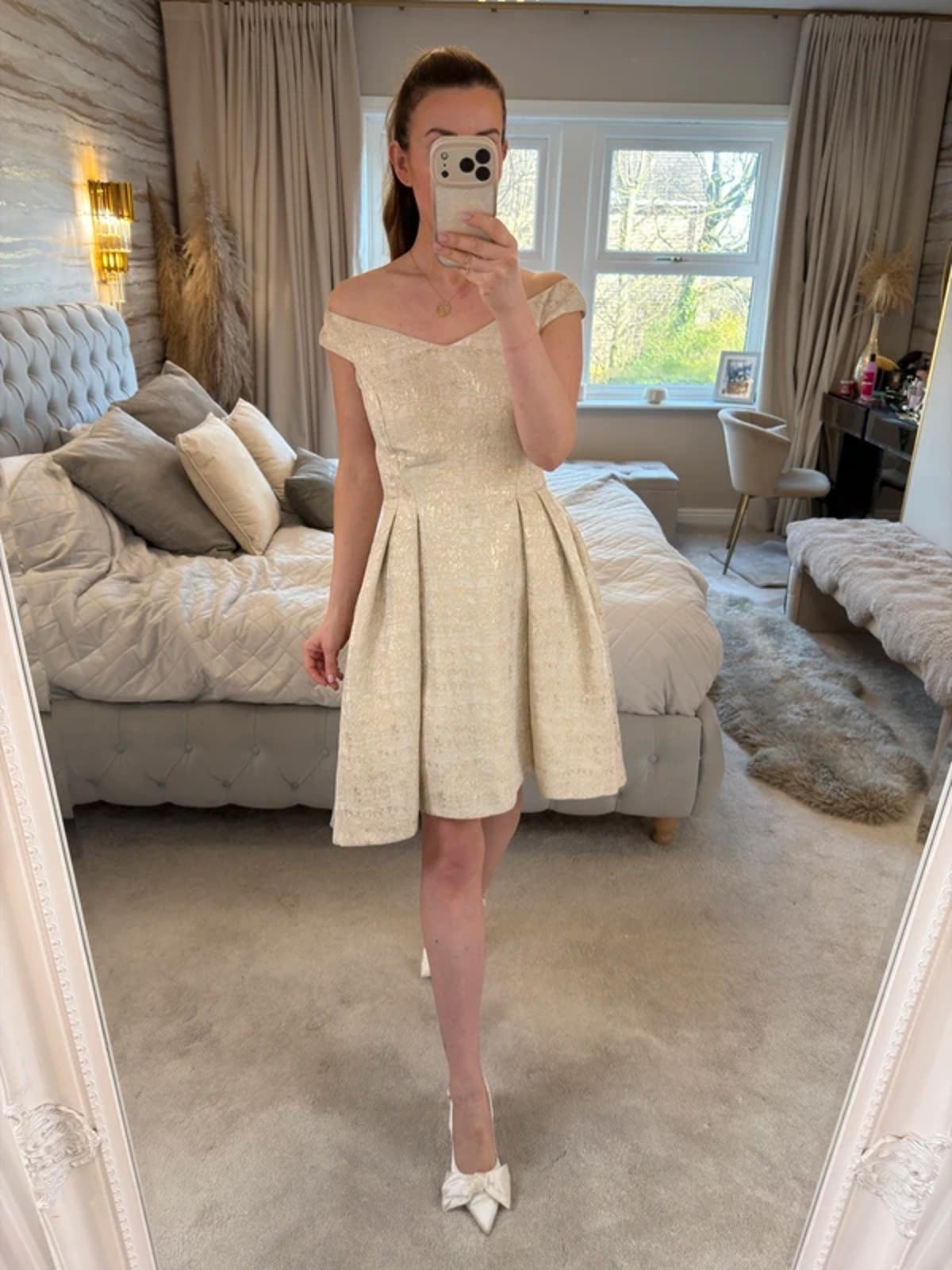 Coast Ivory & Gold Dip Hem Dress 12